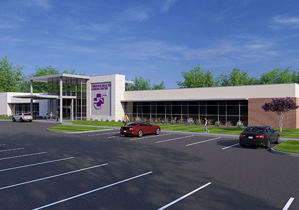The exterior rendering of the CHRISTUS Cancer Center, planned to open in 2026 in Longview, TX
